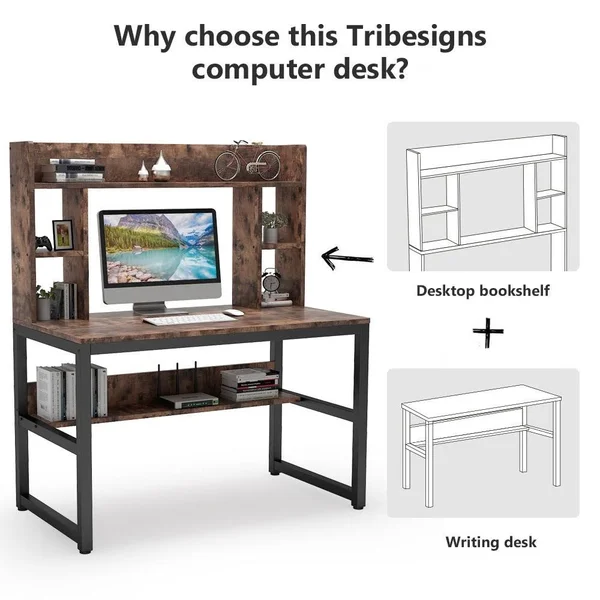 Computer Desk with Storage Shelves, 47 inch Modern Study Writing Desk with Hutch - Vintage Brown