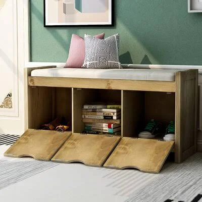 Storage Bench with Removale Cushion and 3 Flip Lock Storage Cubbies for Living Room - Entryway Gracie Oaks Color/Pattern: Gray Wa