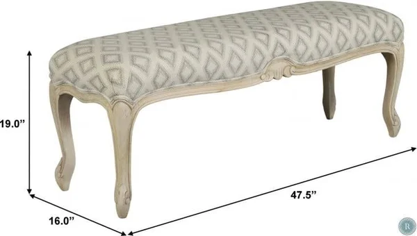 Beige Grey Diamond Carved Leg Upholstered Bench