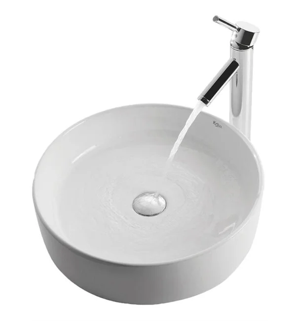 Kraus C-KCV-140-1002SN Round Ceramic Vessel Sink with Sheven Faucet White - Satin Nickel