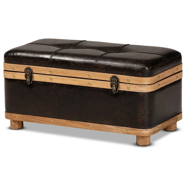 Baxton Studio Gendry Modern Rustic Transitional Dark Brown Faux Leather Upholstered and Oak Brown Finished Wood Small Storage Ot