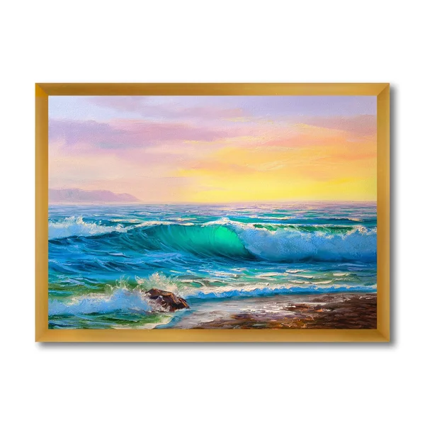 Designart &Blue Waves Breaking at The Beach IV& Nautical & Coastal Framed Art Print - 32 in. Wide x 24 in. High - Black