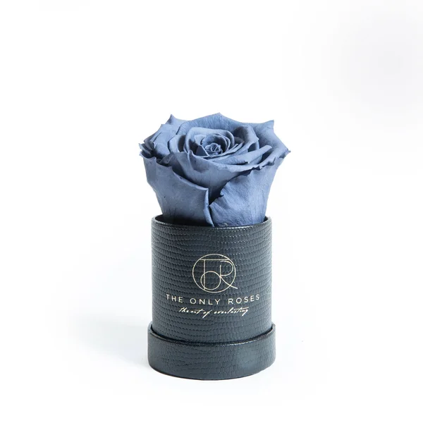 Single Gray Everlasting Preserved Rose in Leather Petite Round Shaped Rose Box - Rose Hat Box, Preserved Rose, Forever Roses, Ever