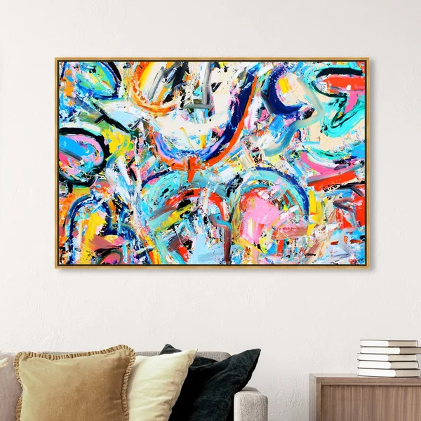 Oliver Gal Abstract Wall Art Framed Canvas Prints 'Vita Loqui by Tiago Magro' Paint - Blue - Pink - 54 x 36 - Gold