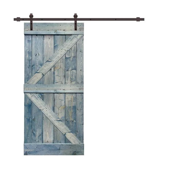CALHOME K Series 30 in. x 84 in. Solid Jungle Green Stained Pine Wood Interior Sliding Barn Door with Hardware Kit