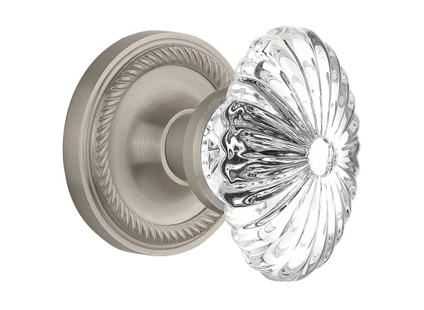Nostalgic Warehouse Rope Rosette with Oval Fluted Crystal Glass Knob, Single Dummy, Satin Nickel