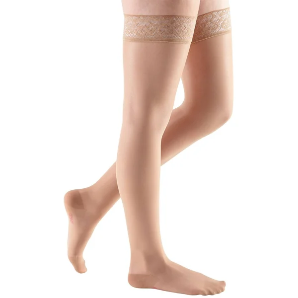 Mediven Sheer & Soft, 30-40 mmHg, Thigh High w/ Lace Top-Band, Closed Toe Toffee, III
