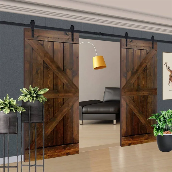 Akicon DZ Series 72 in. x 84 in. 12-Panel Dark Brown Painted Wood Sliding Door with Installation Hardware Kit