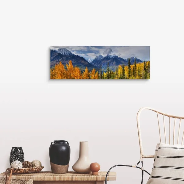 Panoramic View of The Fall Foliage and Snowcapped Chugach Mountains, Alaska, Canvas Wall Art, 36x12, Great Big Canvas