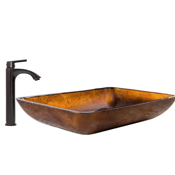 Vigo Rectangular Russet Glass Vessel Sink and Linus Faucet Set, Antique Rubbed Bronze VGT494