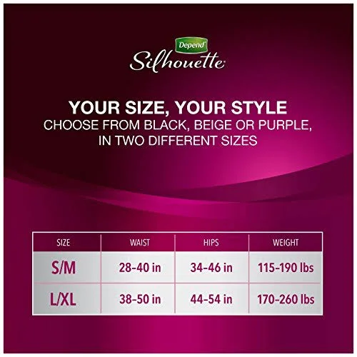 Depend Silhouette Maximum Absorbency Incontinence Women's Briefs, Black, S/M - 56 count