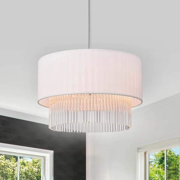 Chrome 4 Light White Fabric Drum Chandelier with Clear Glass Stick