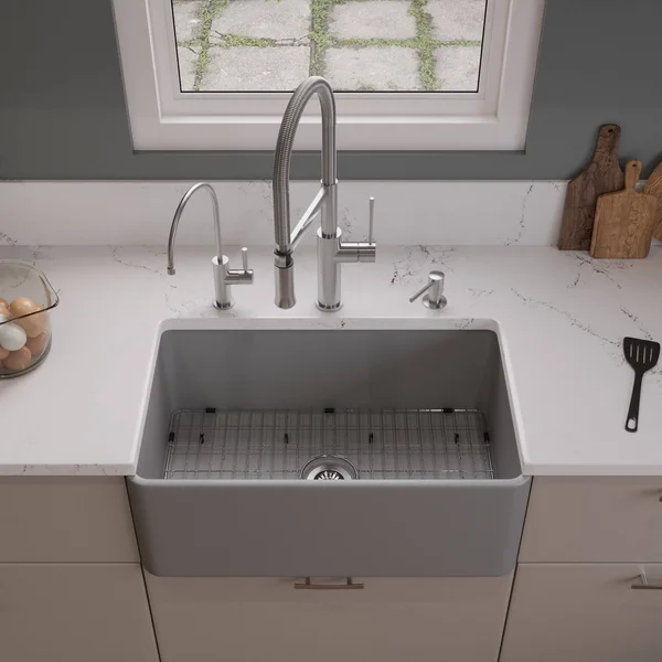 Alfi Brand ABF3018-GM Gray Matte Smooth Apron 30x22 x 18x22 Single Bowl Fireclay Farm Sink