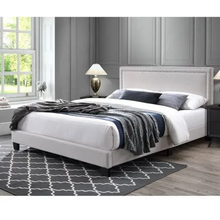 DG Casa Ocean Upholstered Platform Bed Frame with Nailhead Trim Headboard and Full Wooden Slats - Queen Size in Beige Polyester B