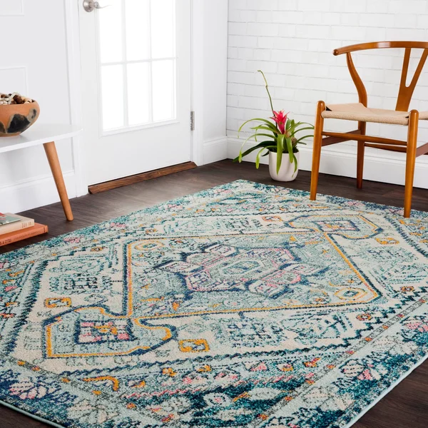Alexander Home Vintage Boho Diamond Medallion Distressed Rug - 2&2x22 x 12& - Aqua/Pink