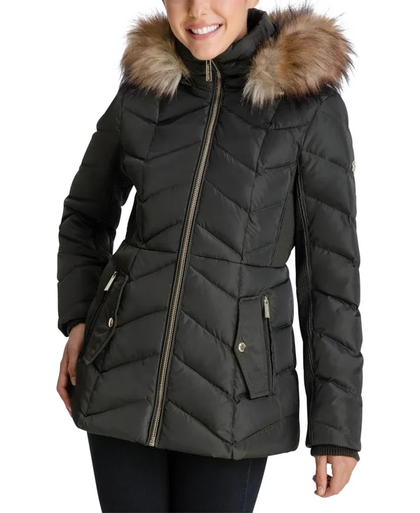 Michael Michael Kors Faux-Fur-Trim Hooded Down Puffer Coat, Created for Macy&s - Dark Moss