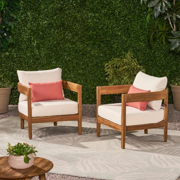 Brooklyn Outdoor Acacia Wood Club Chair with Cushions (Set of 2) by Christopher Knight Home - Teak Finish + Beige Cushion