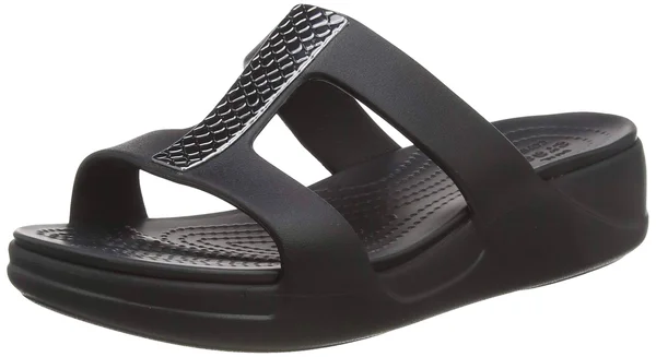 Crocs Monterey Metallic Slip-On Wedge - Black - Flat Sandals