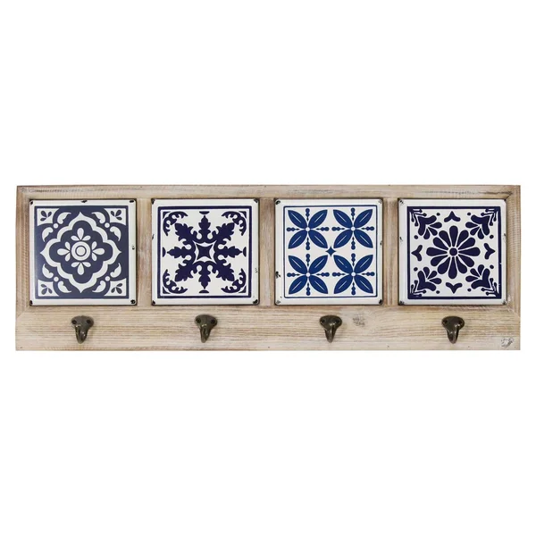 Blue and White Tile Wall Hanging with Metal Hooks - Multi