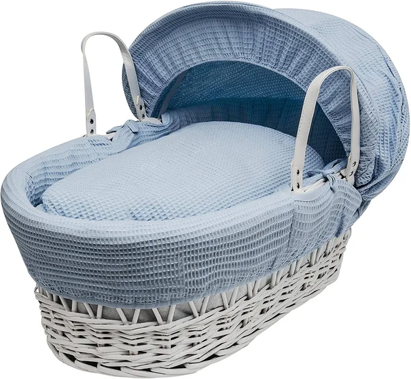 Kinder Valley Blue Waffle, White Wicker Moses Basket
