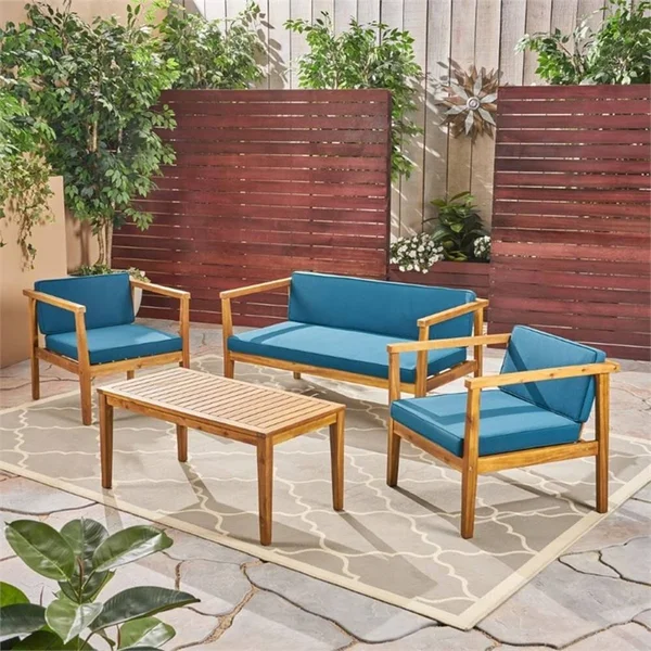 Newbury Outdoor 4 Piece Acacia Wood Chat Set with Cushions, Teak, Dark Teal