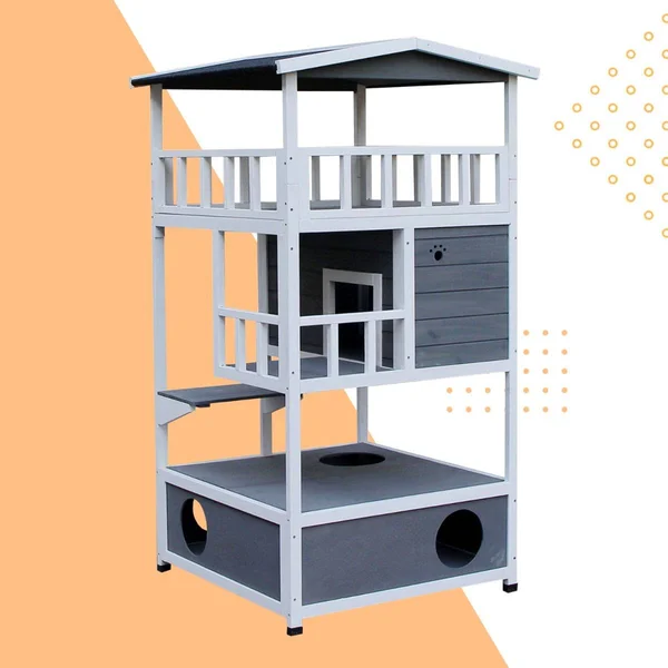 Pawhut Solid Wood 4-Floor Cat Condo Villa with Litter Box