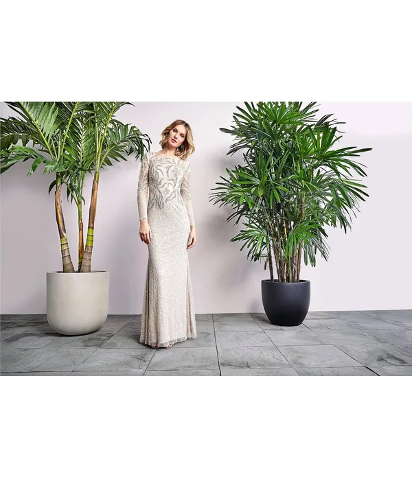 Adrianna Papell Long Illusion Sleeve Beaded Mesh Gown - 8