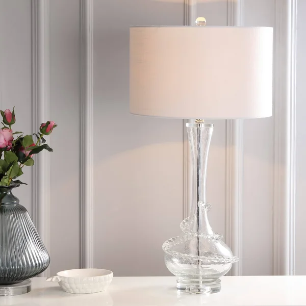 Jonathan Y Belle 31.5x22 Glass LED Table Lamp, Clear/Chrome