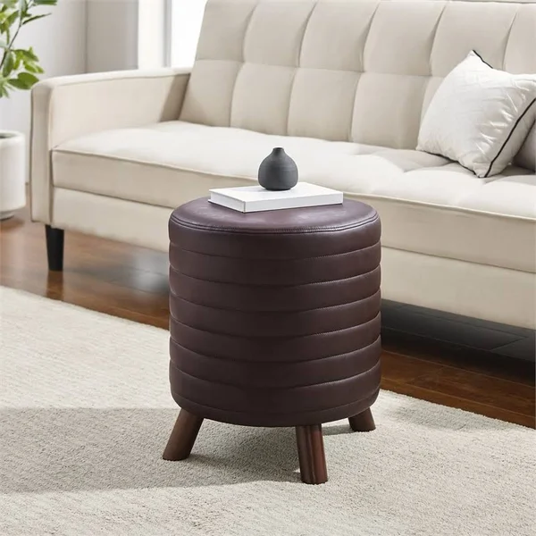 Riverbay Furniture Round Faux Leather Upholstered Stool in Brown