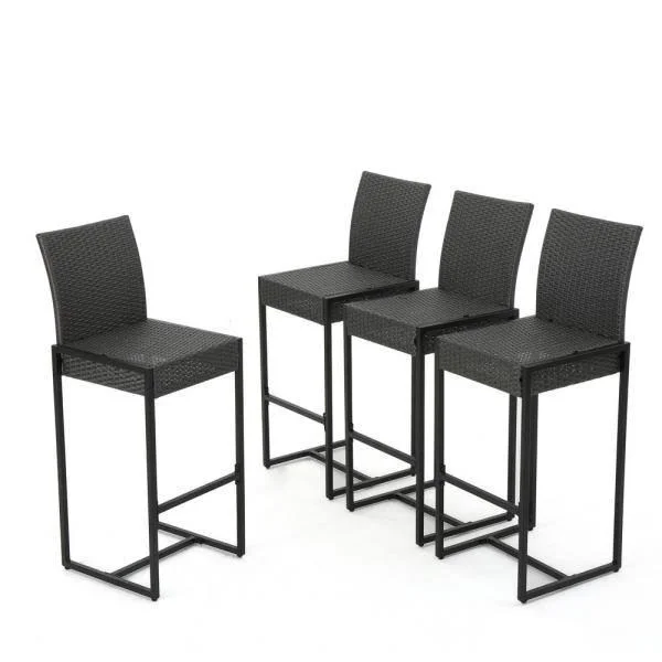 Noble House Taliyah Black Wicker Outdoor Bar Stool (4-Pack)