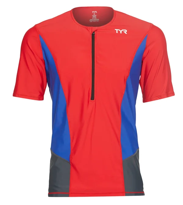 TYR Tsscom6a Men's Competitor Short Sleeve Top - Red/Blue/Grey, M