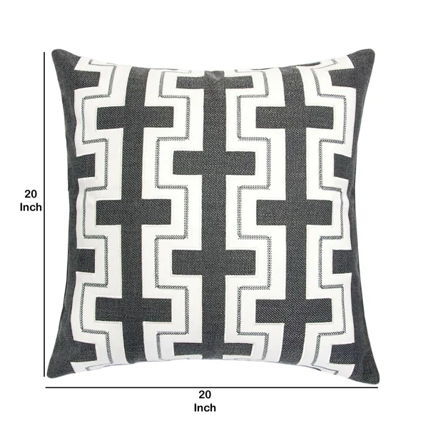 Benjara 20 x 20 Inches Embroidered Pillow with Fret Design - Set of 2, Black and White