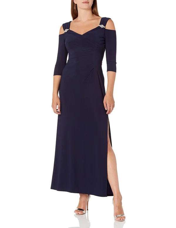 R & M Richards Cold-Shoulder Gown Navy Size 16
