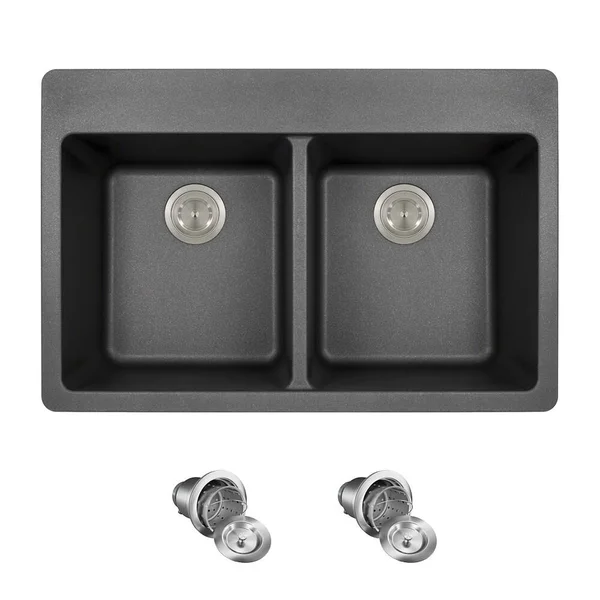 Mr Direct Black Quartz Granite 33 in. Double Bowl Drop-in Kitchen Sink with Matching Strainers