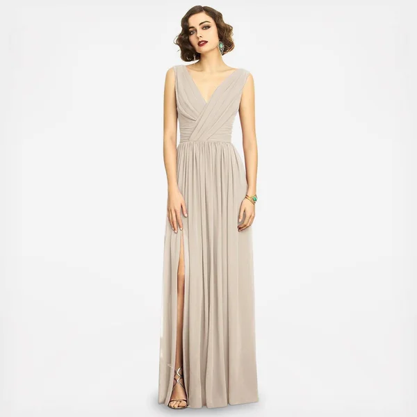 Dessy Collection Sleeveless Draped Chiffon Maxi Dress with Front Slit