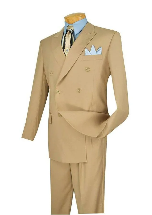 Vinci Men's Ramses Collection - Double Breasted Suit 2 Piece Regular Fit in Beige 56 Long - 52 Waist, Beige