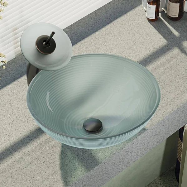 Rene R5-5034-WF-ABR Foil Undertone Glass Vessel Sink with Antique Bronze Waterfall Faucet - Sink Ring, and Vessel Pop-Up Drain