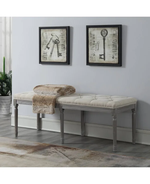 AC Pacific Jack Button Tufted Light Beige Upholstered Bench with Weathered Gray Legs