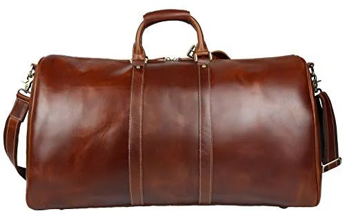 BAIGIO Men's Genuine Leather Weekend Overnight Travel Luggage Duffel Bag Boarding Bag (Brown)