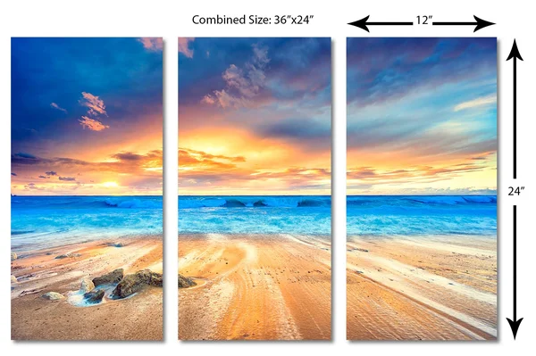 36 x 24 - Gorgeous Beach Sunset Canvas Print Wall Art. 3 Panel Split - Triptych Decoration for Home or Office
