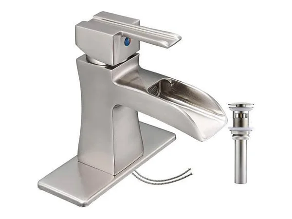 Bathlavish Waterfall Bathroom Faucet Brushed Nickel Sink with Pop Up Drain Vanity Single Hole Lavatory Modern Basin Satin Mixer