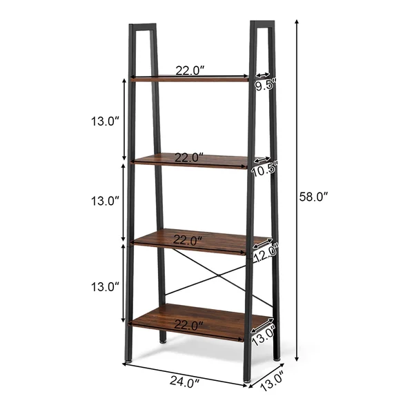 4-Tier Ladder Shelf Bookcase Storage and Display Rack - Black/Brown