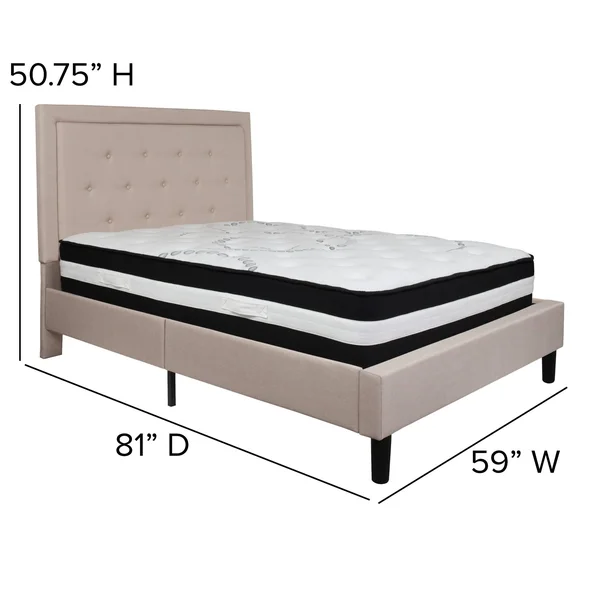 Full Panel Tufted Platform Bed/Mattress in Beige Fabric