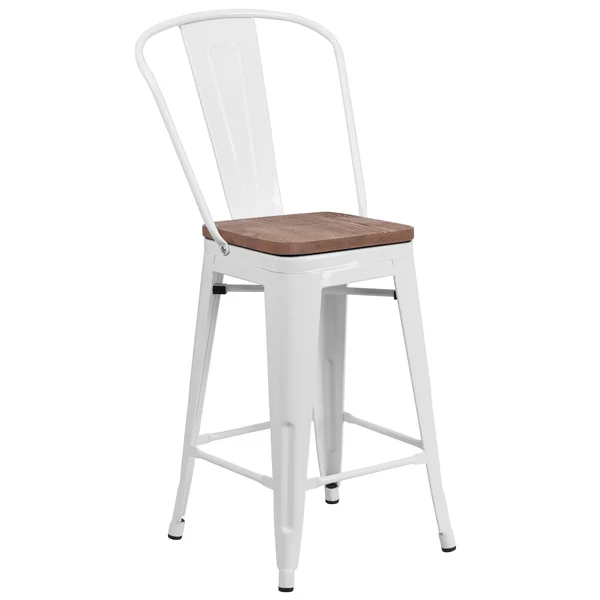 Flash Furniture 24x22 High Metal Counter Height Stool with Back and Wood SEAT - White