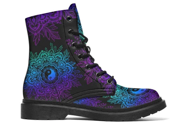Yin Yang Mandala Boots - Vegan Black Boots, YesWeVibe Men's Boots, Black Sole, US 6, EU39