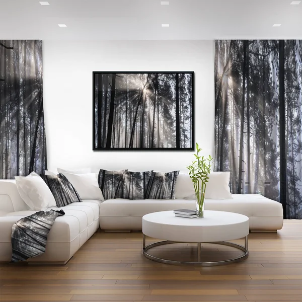 Designart Sunbeams Through Black White Forest- Forest Framed Canvas Wall Art Print in Gold - FL9987-46-36-GD