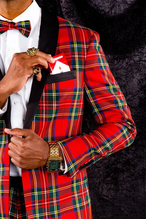 The Rockefeller - Tartan Plaid Tuxedo, Size 52, Black/Red, Shinesty