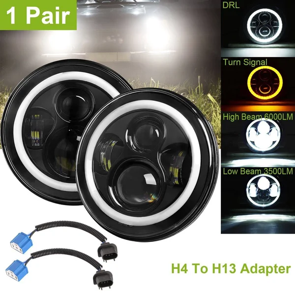 Kocaso 2 x 7x22 6000LM Round LED Headlight Halo Angel Eyes for Jeep Wrangler TJ JK CJ W/H4 to H13 Adapter Plug and Play