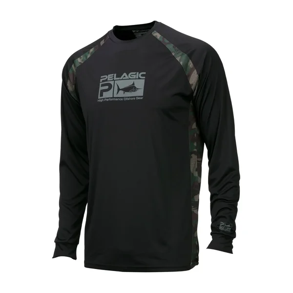 Pelagic Mens Vaportek Sideline Fish Camo Sunshirt Black, Green Large
