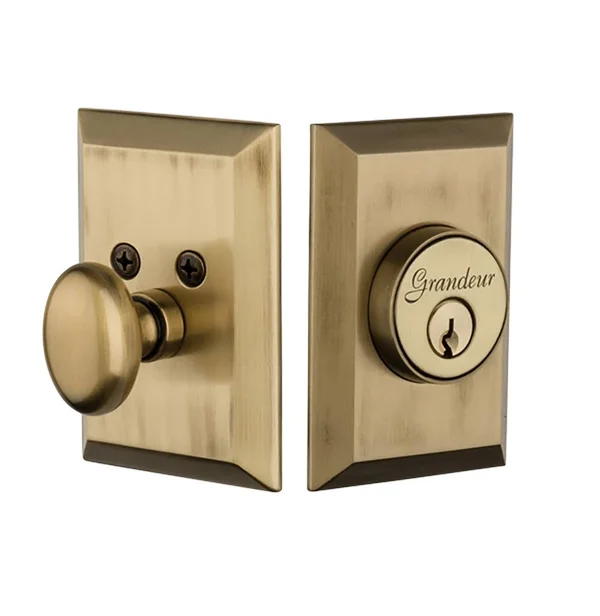 Grandeur Single Cylinder Deadbolt Fifth Avenue Plate in Vintage Brass